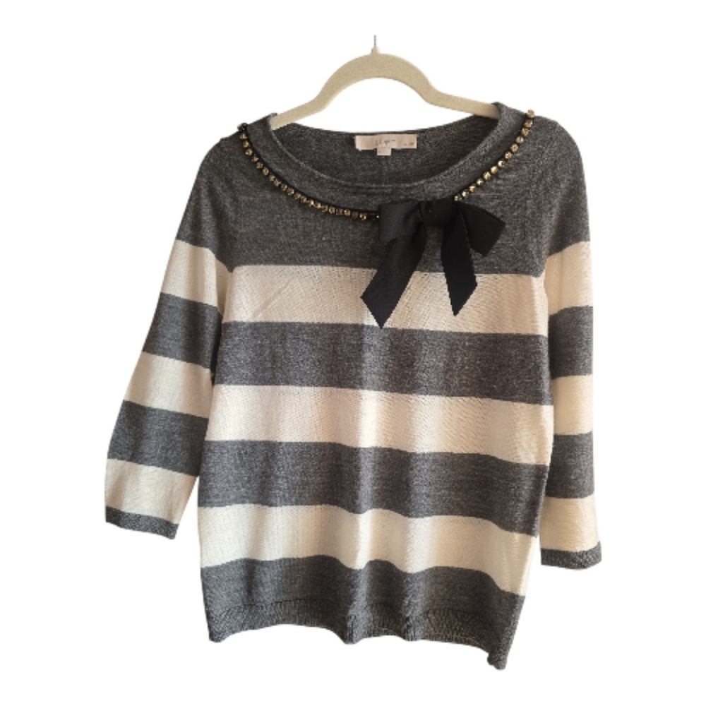 LOFT Gray and Cream Striped Sweater with Bow Accent With Sparkle Jewel Size MP